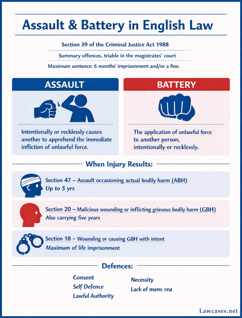 Assault and battery in English law infographic showing section 39 Criminal Justice Act 1988 as summary offences triable in the magistrates’ court with a maximum sentence of six months’ imprisonment and/or a fine; definitions of assault as intentionally or recklessly causing another to apprehend the immediate infliction of unlawful force and battery as the application of unlawful force to another person intentionally or recklessly; escalation to offences against the person including section 47 assault occasioning actual bodily harm up to 5 years, section 20 grievous bodily harm up to 5 years, and section 18 GBH with intent up to life imprisonment; plus defences of consent, self defence, lawful authority, necessity and lack of mens rea.