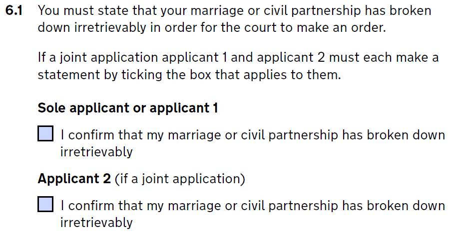 Box 6.1 on form d8 for divorce - Statement of irretrievable breakdown 