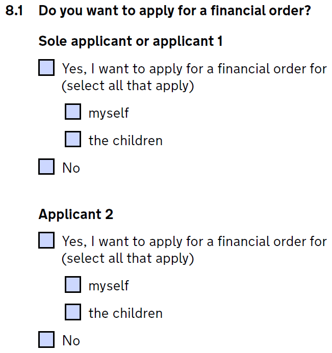 Form D8 - financial order question 8.1