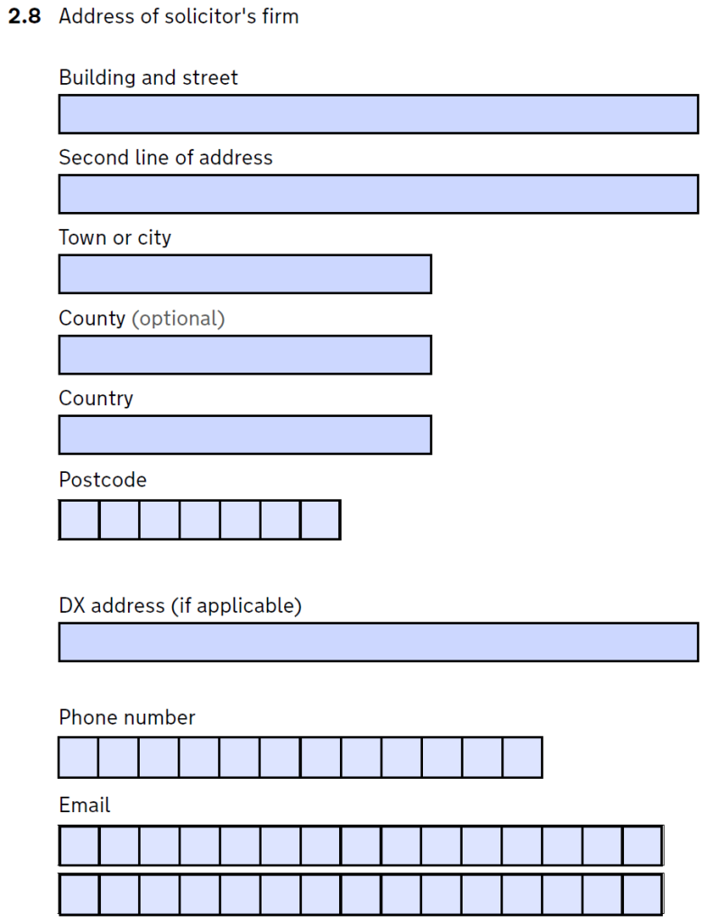 Question 2.8 on form d8 - solicitor's address