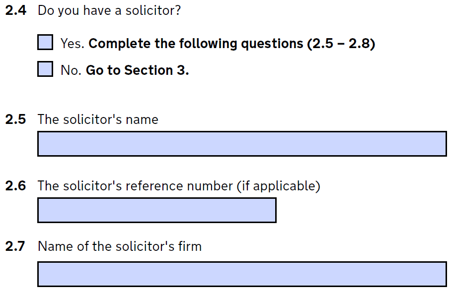 Question 2.4 on form d8 for divorce - do you have a solicitor?