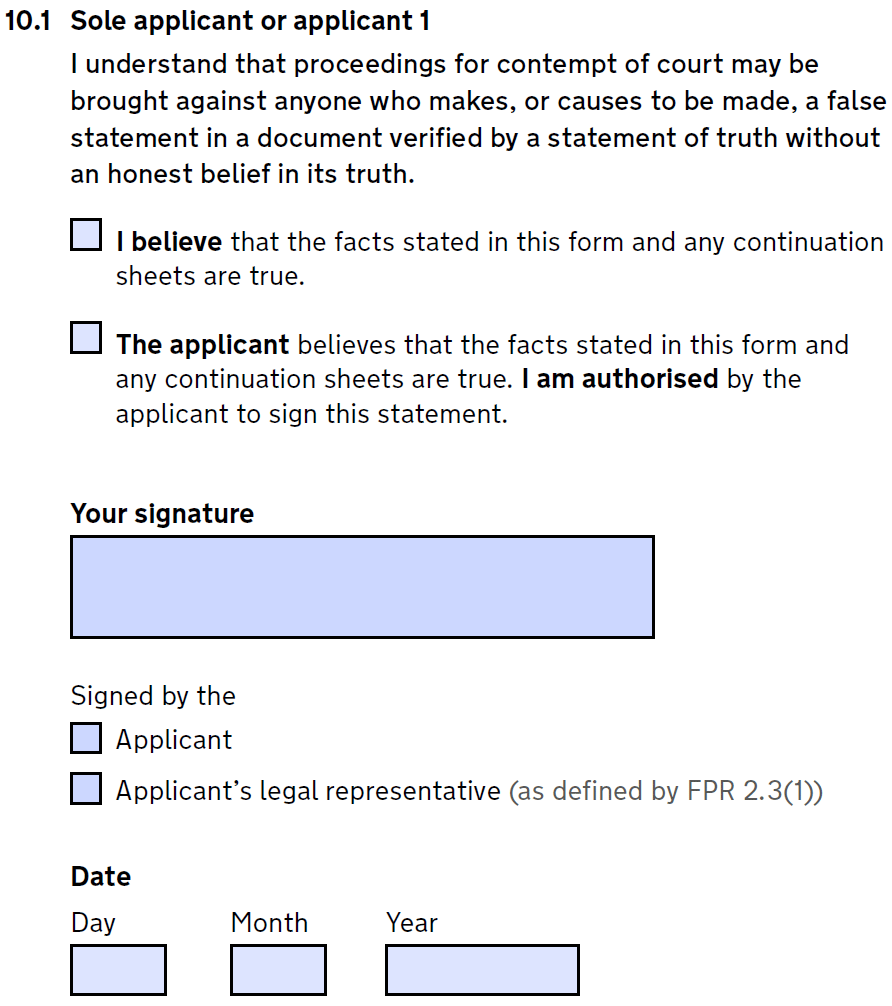 Question 10.1 form d8 for divorce - statement of truth