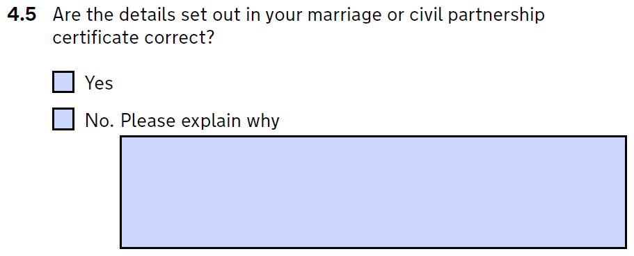 Question 4.5 on form d8 - details correct on marraige certificate