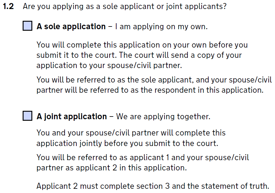 Divorce form D8 section 1.2 - sole applicant or joint applicants