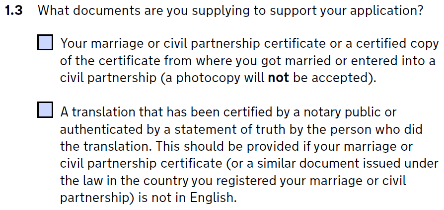 Question 1.3 of form D8 for divorce = supporting documents