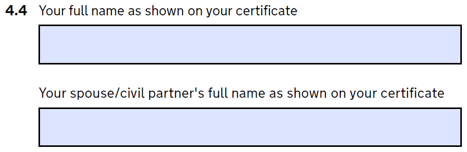 Question 4.4 form d8 - names as they appear on the certificate