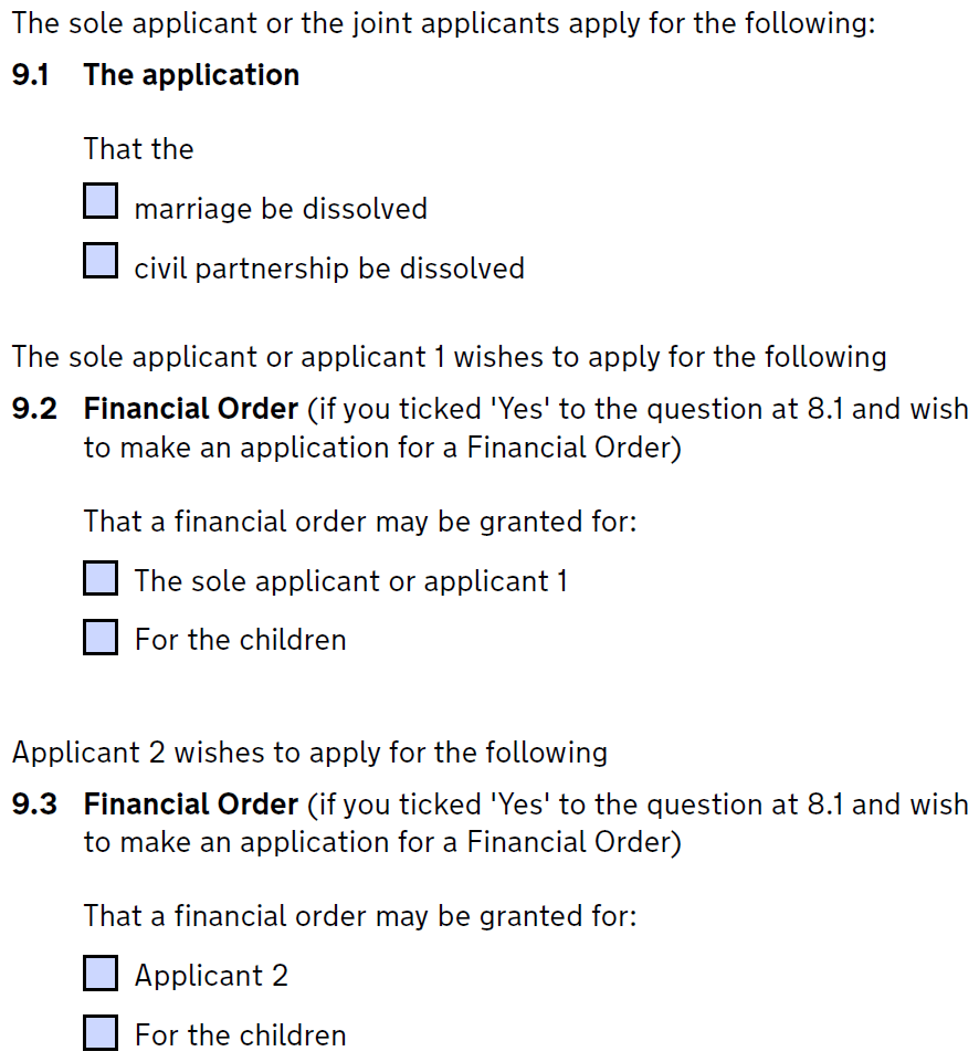 Form d8 for divorce - summary of what is being applied for (the prayer)