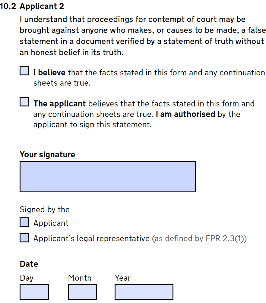 Statement of truth for applicant 2 on form d8 for divorce