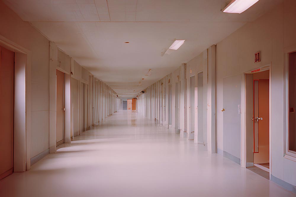 A corridor of doors in a hospital facility